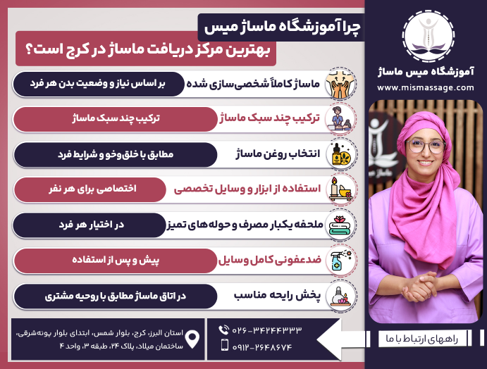 چرا آموزشگاه ماساژ میس بهترین مرکز دریافت ماساژ در کرج است؟ • ماساژ کاملاً شخصیسازی شده ← بر اساس نیاز و وضعیت بدن هر فرد • ترکیب چند سبک ماساژ ← دستیابی به بهترین نتیجه برای هر مشتری • انتخاب روغن ماساژ ← مطابق با خلقوخو و شرایط فرد • استفاده از ابزار و وسایل تخصصی .← اختصاصی برای هر نفر • ملحفه یکبار مصرف و حولههای تمیز ← در اختیار هر فرد • ضدعفونی کامل وسایل ← پیش و پس از استفاده • پخش رایحه مناسب ← در اتاق ماساژ مطابق با روحیه مشتری