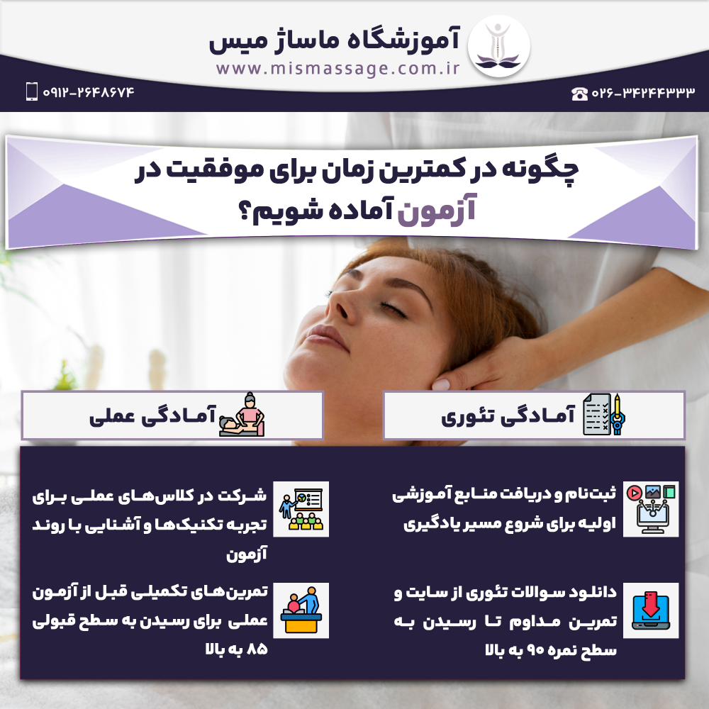 چگونه در کمترین زمان برای موفقیت در آزمون آماده شویم؟ آمادگی تئوری • ثبتنام و دریافت منابع آموزشی اولیه برای شروع مسیر یادگیری • دانلود سوالات تئوری از سایت و تمرین مداوم تا رسیدن به سطح نمره ۹۰ به بالا آمادگی عملی • شرکت در کلاسهای عملی برای تجربه تکنیکها و آشنایی با روند آزمون • تمرینهای تکمیلی قبل از آزمون عملی برای رسیدن به سطح قبولی ۸۵ به بالا