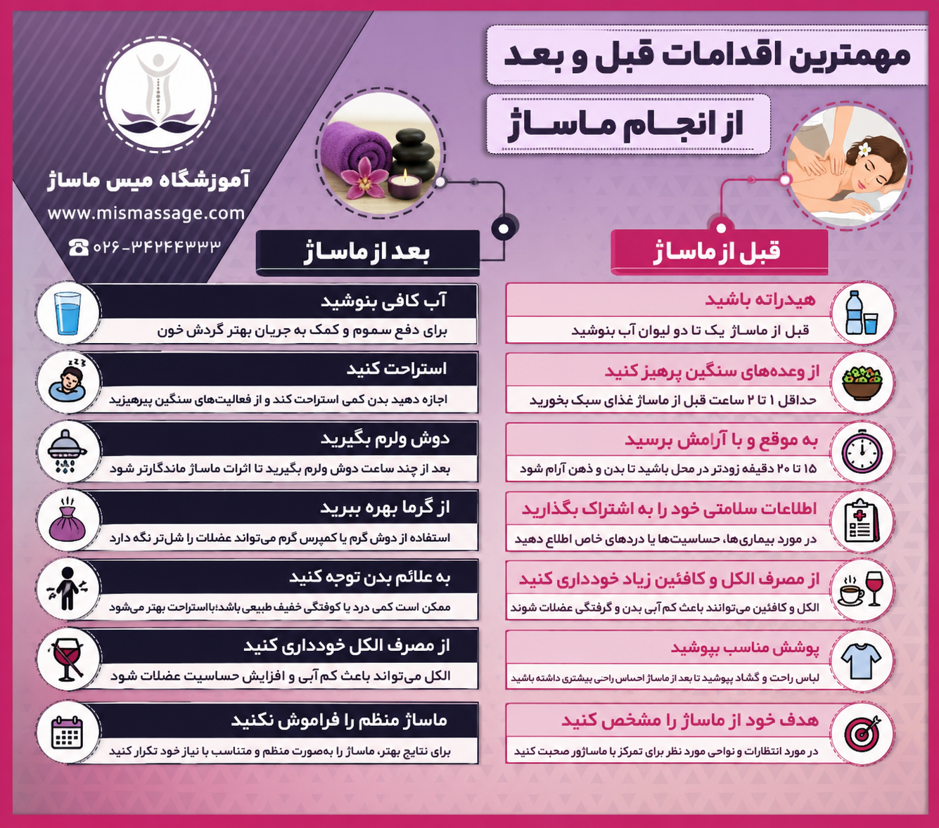 اقدامات قبل و بعد از ماساژ