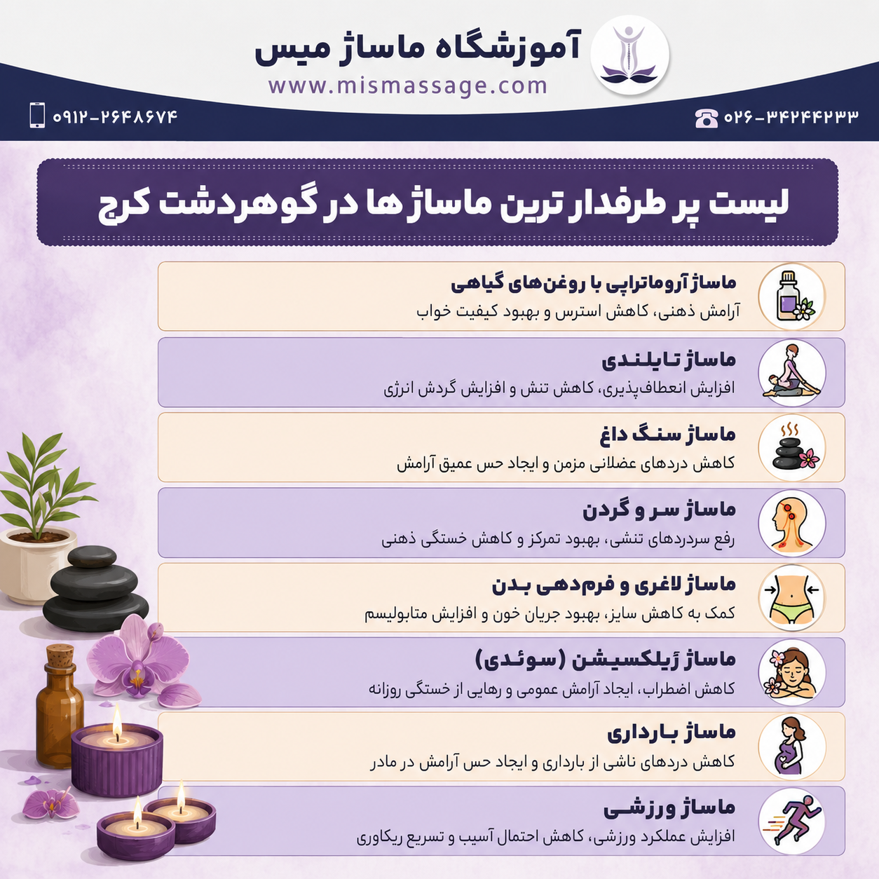 پرطرفدارترین ماساژ ها در گوهردشت کرچ چه ماساژ هایی هستند؟ آروماتراپی - تایلندی - سنگ داغ و ...